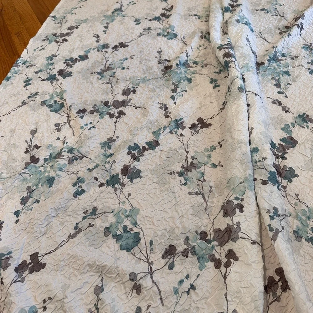 DNKY Shower Curtain, grey and teal green on white, button hole top neat hanging